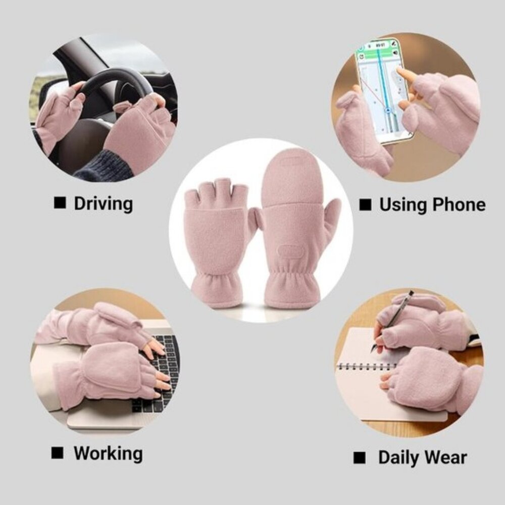 ⚡Women Pink Winter Fingerless Convertible Thermal Polar Fleece Mittens Gloves - Picture 3 of 6